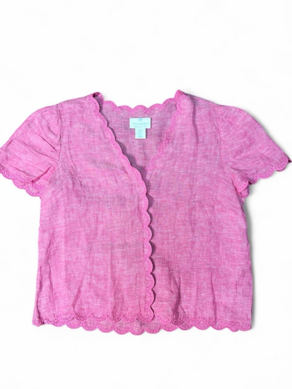 Cynthia Rowley Pink 100% Linen Blouse XS Scallop Eyelet Embroidered Top